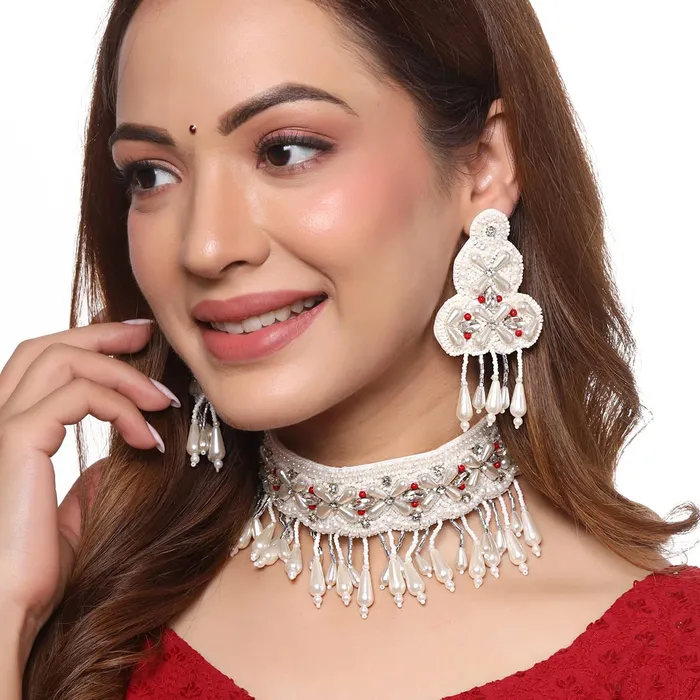 Bracelets Yellow Chimes Yellow Chimes Jewellery Set for Women and Girls White Beads Necklace Set for Women White Beads Studded Choker Necklace Set Birthday Gift for girls and women Anniversary Gift for Wife