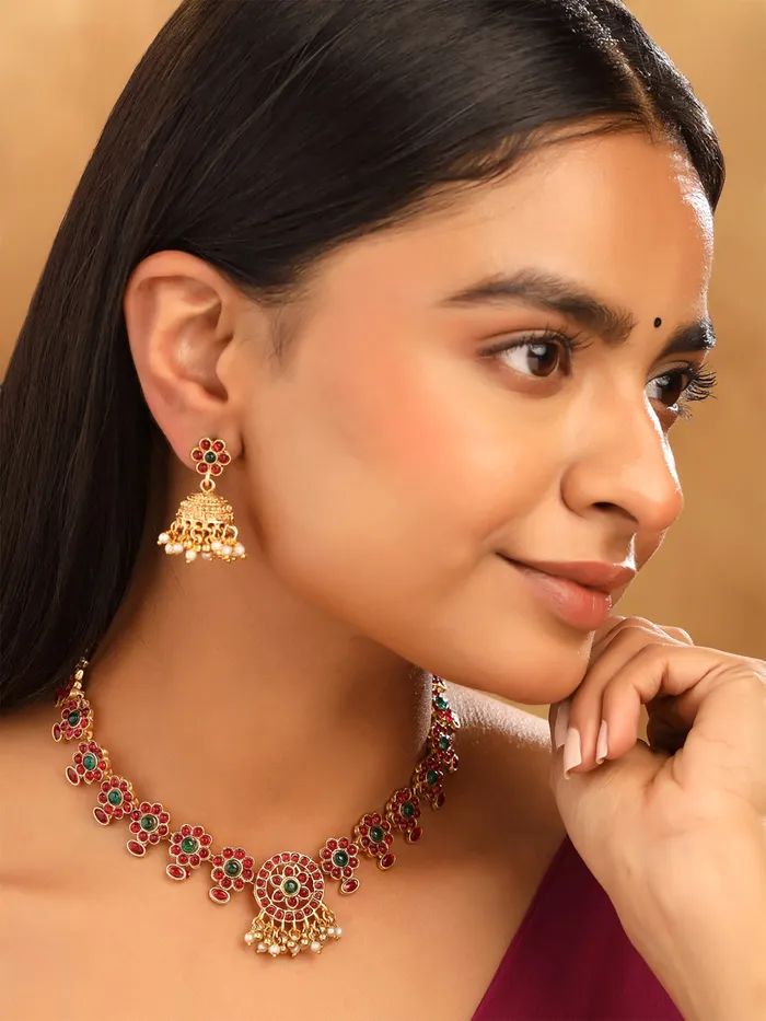 Earrings Yellow Chimes Gold Plated Temple Jewellery Set for Women Elegant Design Necklace Earrings 212 cm Gold