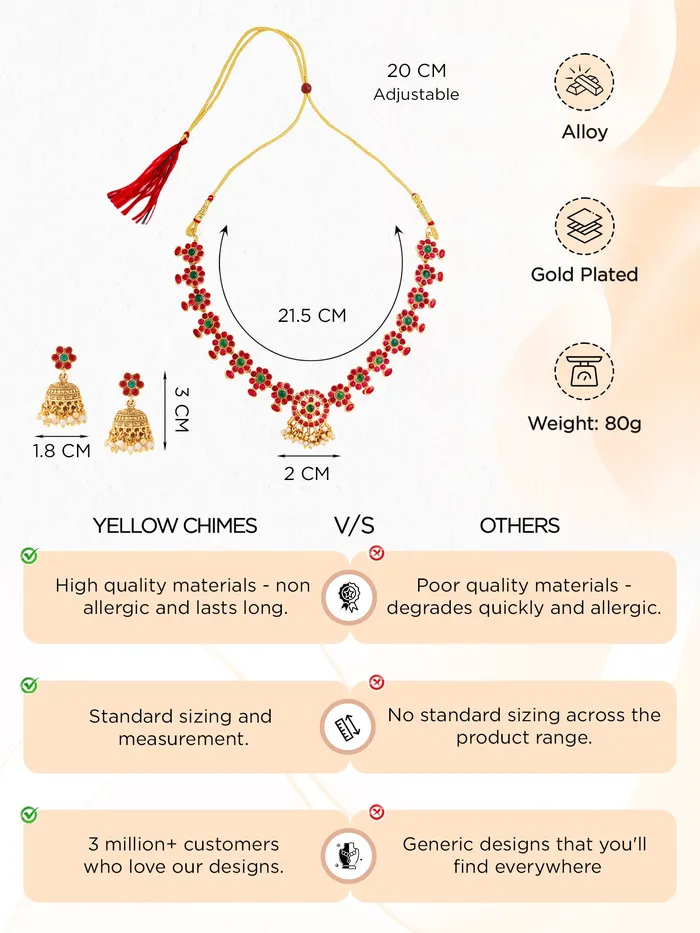 Earrings Yellow Chimes Gold Plated Temple Jewellery Set for Women Elegant Design Necklace Earrings 212 cm Gold