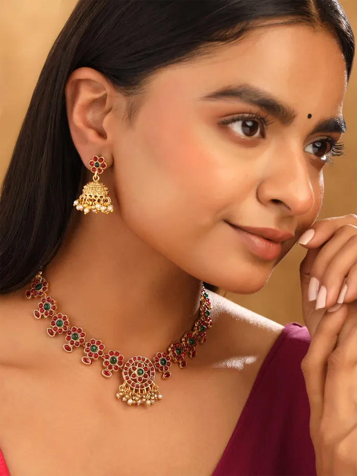 Earrings Yellow Chimes Gold Plated Temple Jewellery Set for Women Elegant Design Necklace Earrings 212 cm Gold