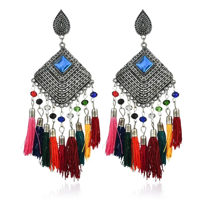 Earrings Yellow Chimes Oxidized Silver Traditional Fabric Danglers Earrings For Women Girls Yellow Chimes Earrings Yellow Chimes Oxidized Silver Traditional Fabric Danglers Earrings For Women Girls Yellow Chimes