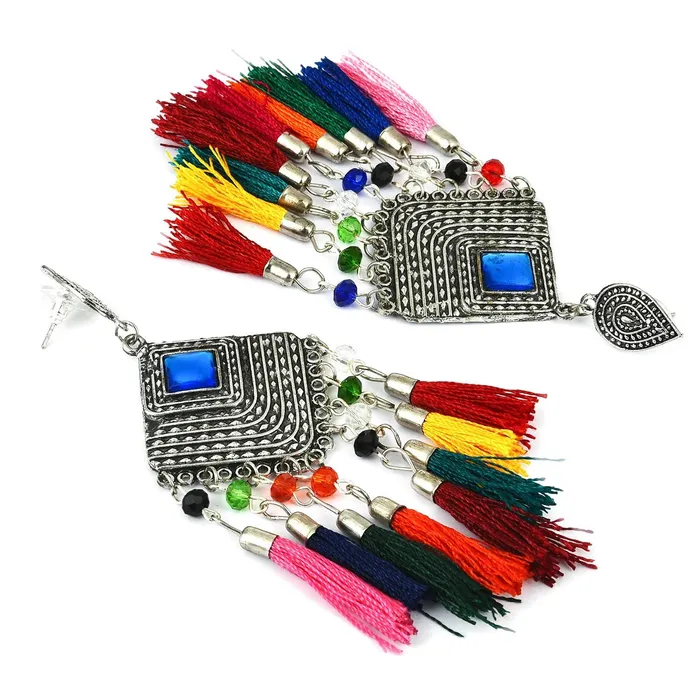 Earrings Yellow Chimes Oxidized Silver Traditional Fabric Danglers Earrings For Women Girls Yellow Chimes