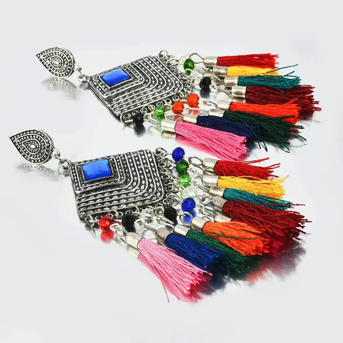 Earrings Yellow Chimes Oxidized Silver Traditional Fabric Danglers Earrings For Women Girls Yellow Chimes