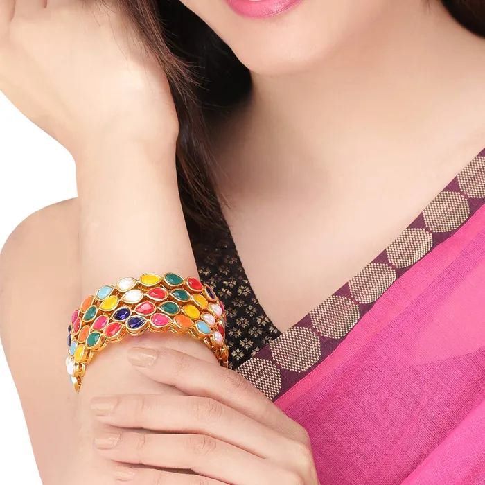 Earrings Yellow Chimes Yellow Chimes Ethnic Gold Plated Multicolor Stone Studded Traditional 4 Pcs Bangles Set for Women and Girls 26