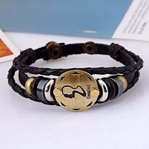 Earrings Yellow Chimes Yellow Chimes Zodiac Sign Constellation Handmade Brown Leather Bracelet for Men and WomenUnisex Gemini