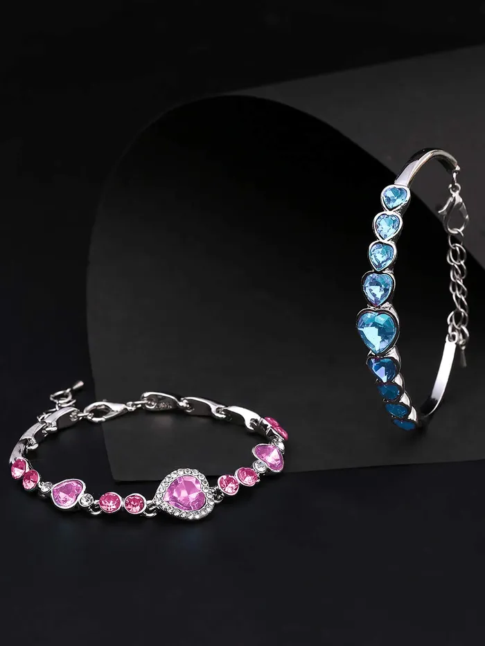 Necklaces Yellow Chimes Yellow Chimes Combo Bracelets for Women 2 PCs Valentines Special Blue Pink Crystal Love Heart Charm Bracelet for Women and Girls