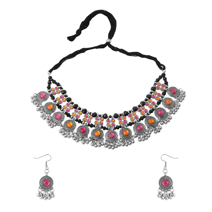Necklaces Yellow Chimes Yellow Chimes Jewellery Set for Women and Girls Silver Oxidised Jewellery Set Multicolor Stone Oxidized Necklace Set Birthday Gift For Girls and Women Anniversary Gift for Wife