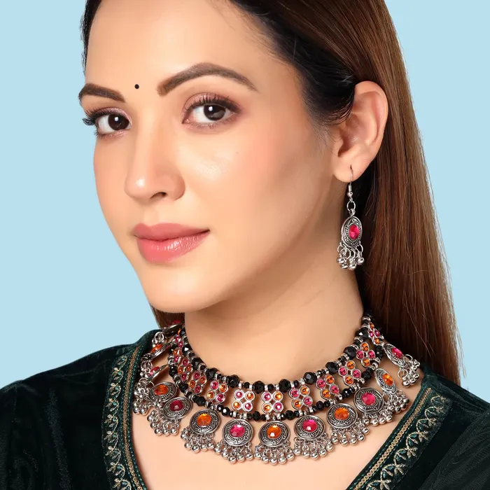 Necklaces Yellow Chimes Yellow Chimes Jewellery Set for Women and Girls Silver Oxidised Jewellery Set Multicolor Stone Oxidized Necklace Set Birthday Gift For Girls and Women Anniversary Gift for Wife