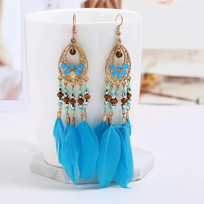 Rings Yellow Chimes Yellow Chimes Danglers Earrings for Women Fashion Blue Feather Beads Women Earrings Long Tassel Gold Plated Dangler Earrings Birthday Gift For Girls Anniversary Gift for Wife