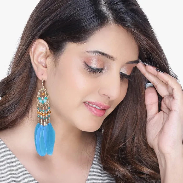 Rings Yellow Chimes Yellow Chimes Danglers Earrings for Women Fashion Blue Feather Beads Women Earrings Long Tassel Gold Plated Dangler Earrings Birthday Gift For Girls Anniversary Gift for Wife