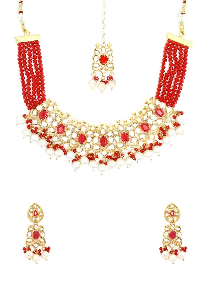 Rings Yellow Chimes Yellow Chimes Kundan Jewellery Set for Women Traditional Gold Plated Red Beads Choker Necklace Set with Maang Tikka for Women and Girls Rings Yellow Chimes Yellow Chimes Kundan Jewellery Set for Women Traditional Gold Plated Red Beads Choker Necklace Set with Maang Tikka for Women and Girls