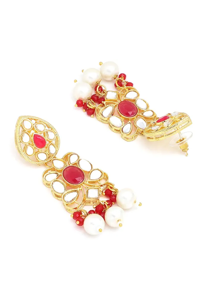 Rings Yellow Chimes Yellow Chimes Kundan Jewellery Set for Women Traditional Gold Plated Red Beads Choker Necklace Set with Maang Tikka for Women and Girls