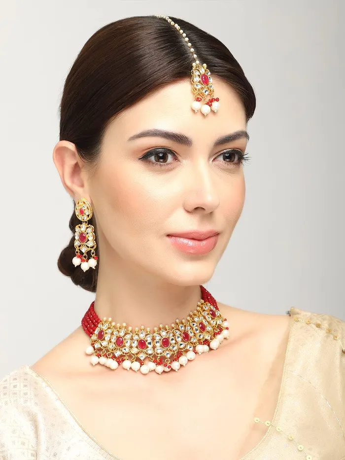 Rings Yellow Chimes Yellow Chimes Kundan Jewellery Set for Women Traditional Gold Plated Red Beads Choker Necklace Set with Maang Tikka for Women and Girls
