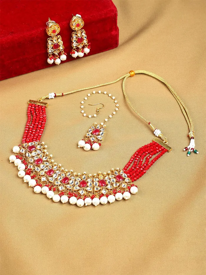 Rings Yellow Chimes Yellow Chimes Kundan Jewellery Set for Women Traditional Gold Plated Red Beads Choker Necklace Set with Maang Tikka for Women and Girls