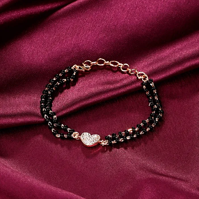 Rings Yellow Chimes Yellow Chimes Mangalsutra Bracelet for Women Black Beads Heart Charm Rose Gold Plated Hand Mangalsutra Bracelets for Women Marriage Anniversay Birthday Gift For Wife and Women