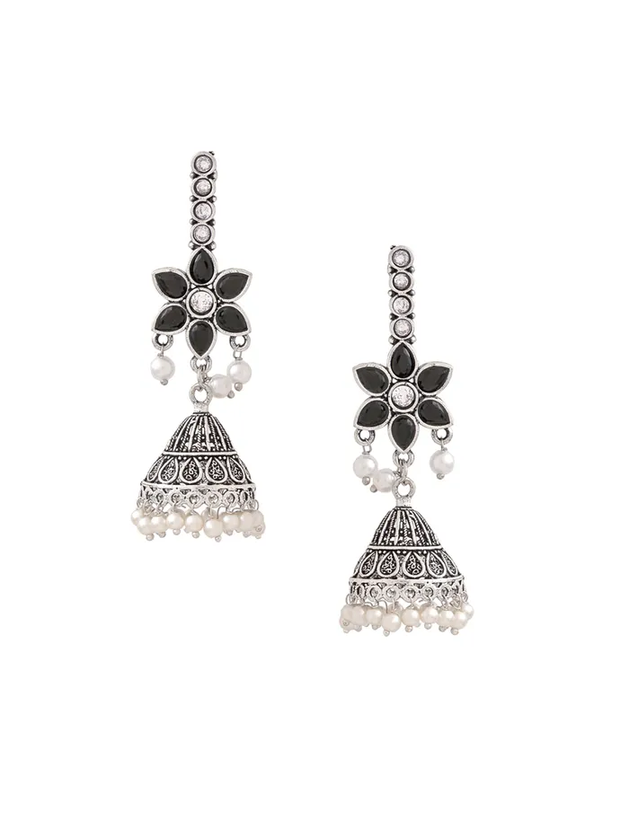 Silver Oxidised Jhumka Earrings Floral Stone Studded 7cm x 21cm Elegant Design Yellow Chimes Earrings Silver Oxidised Jhumka Earrings Floral Stone Studded 7cm x 21cm Elegant Design Yellow Chimes Earrings