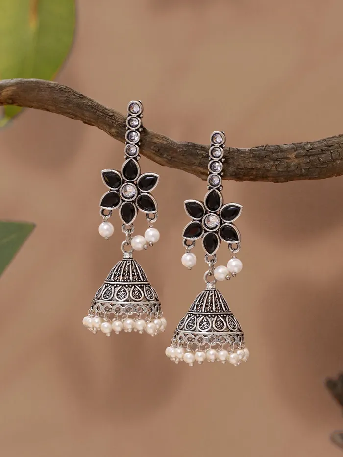 Silver Oxidised Jhumka Earrings Floral Stone Studded 7cm x 21cm Elegant Design Yellow Chimes Earrings