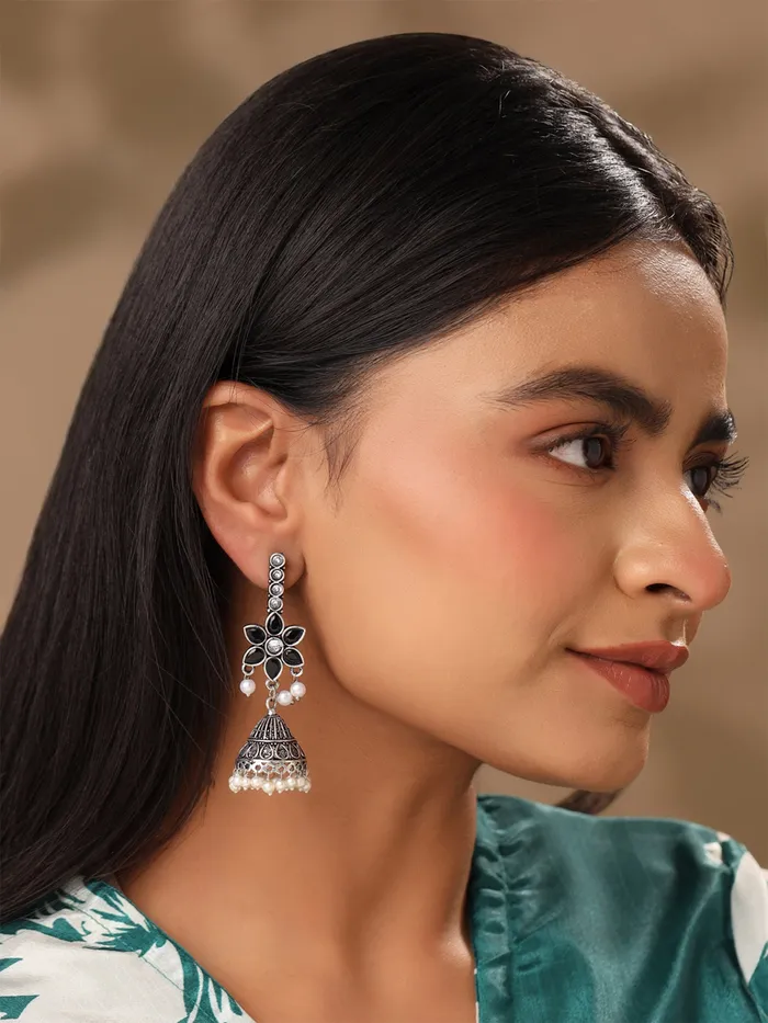 Silver Oxidised Jhumka Earrings Floral Stone Studded 7cm x 21cm Elegant Design Yellow Chimes Earrings
