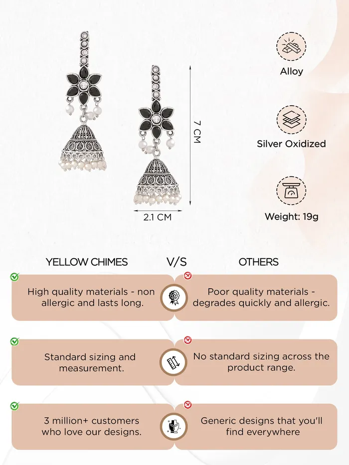 Silver Oxidised Jhumka Earrings Floral Stone Studded 7cm x 21cm Elegant Design Yellow Chimes Earrings