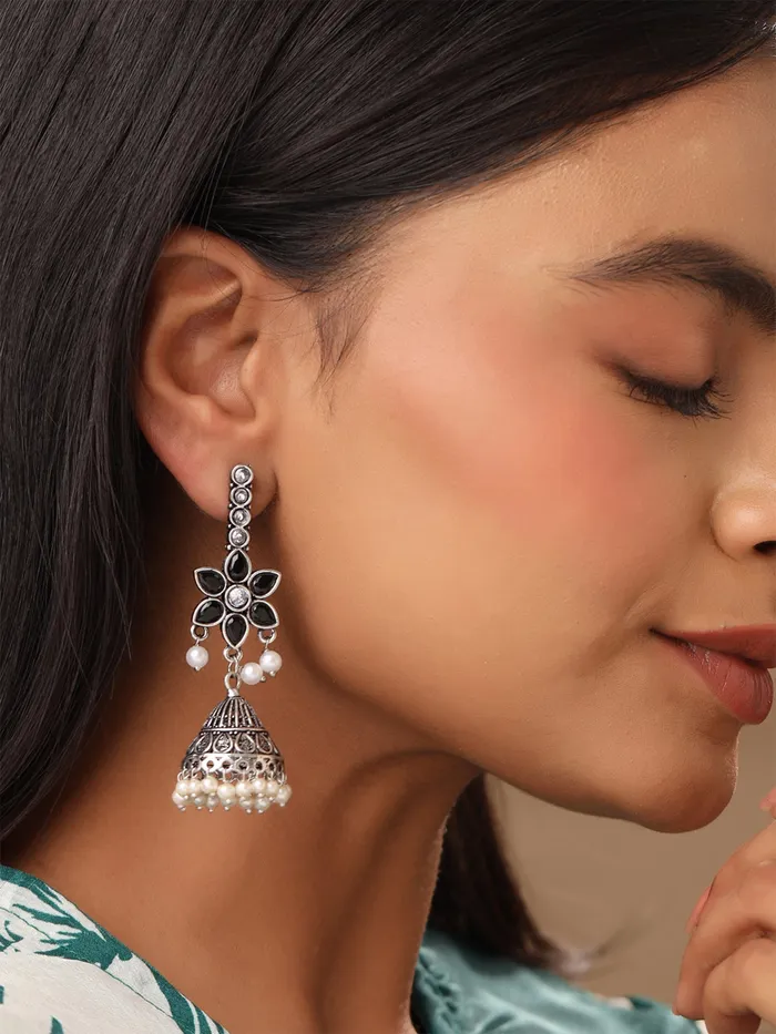 Silver Oxidised Jhumka Earrings Floral Stone Studded 7cm x 21cm Elegant Design Yellow Chimes Earrings