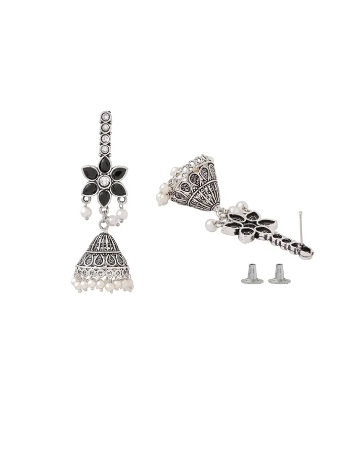 Silver Oxidised Jhumka Earrings Floral Stone Studded 7cm x 21cm Elegant Design Yellow Chimes Earrings