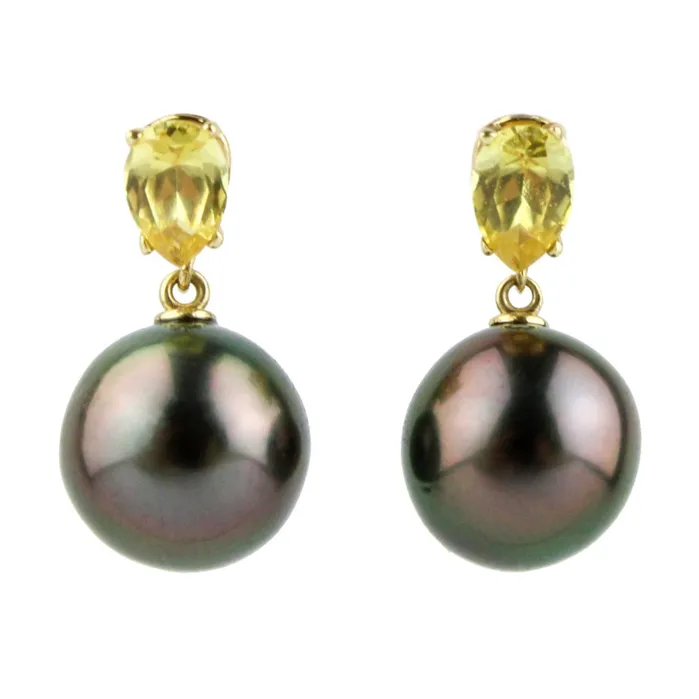 Tahitian Pearl Yellow Sapphire Sirne Earrings Kamoka Pearl Earrings