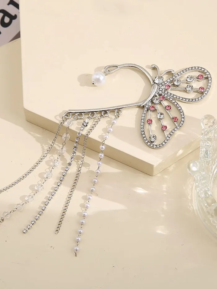 Yellow Chimes Earrings For Women Elegant Silver Toned Big Butterfly Crystal Studded With Chain Fringes Hanging Earcuffs For Women and Girls Yellow Chimes Earrings