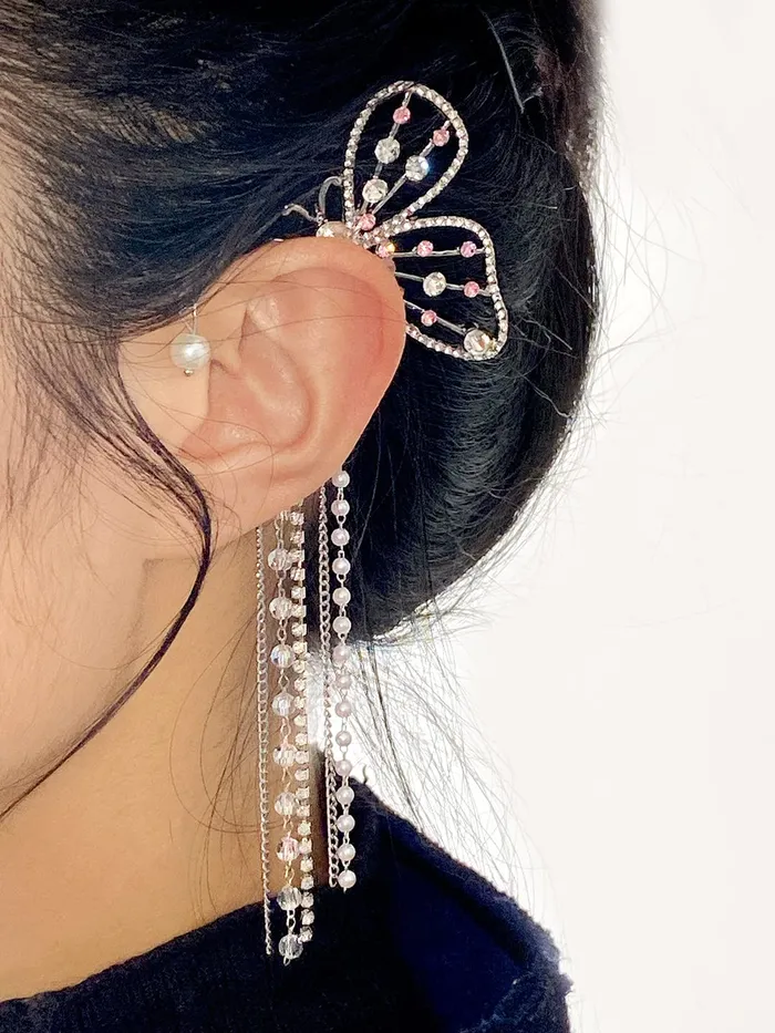 Yellow Chimes Earrings For Women Elegant Silver Toned Big Butterfly Crystal Studded With Chain Fringes Hanging Earcuffs For Women and Girls Yellow Chimes Earrings