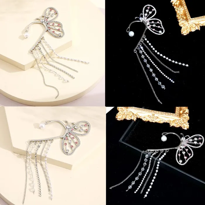 Yellow Chimes Earrings For Women Elegant Silver Toned Big Butterfly Crystal Studded With Chain Fringes Hanging Earcuffs For Women and Girls Yellow Chimes Earrings