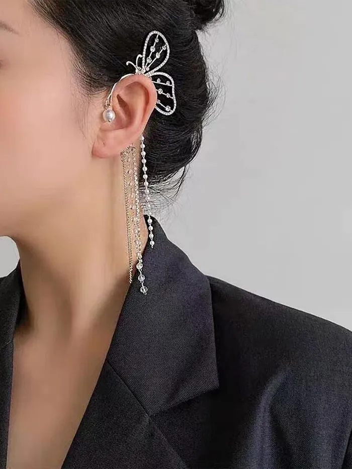 Yellow Chimes Earrings For Women Elegant Silver Toned Big Butterfly Crystal Studded With Chain Fringes Hanging Earcuffs For Women and Girls Yellow Chimes Earrings
