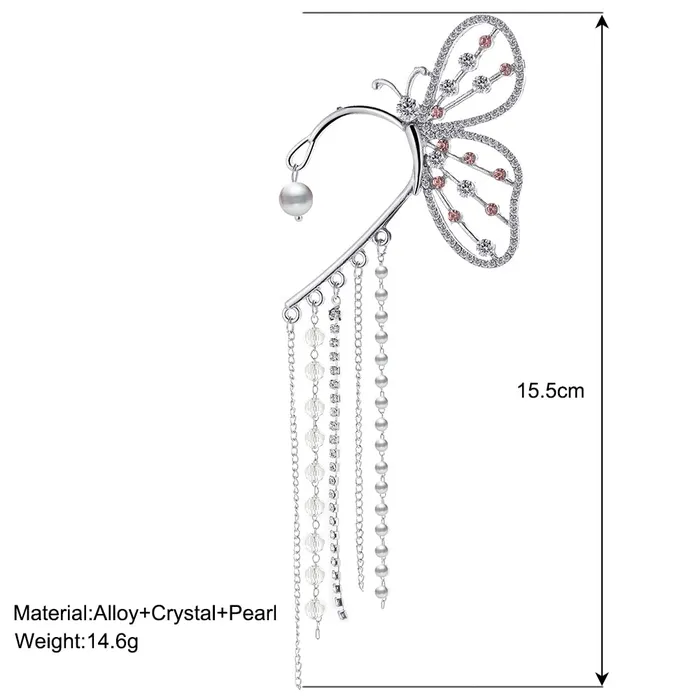 Yellow Chimes Earrings For Women Elegant Silver Toned Big Butterfly Crystal Studded With Chain Fringes Hanging Earcuffs For Women and Girls Yellow Chimes Earrings