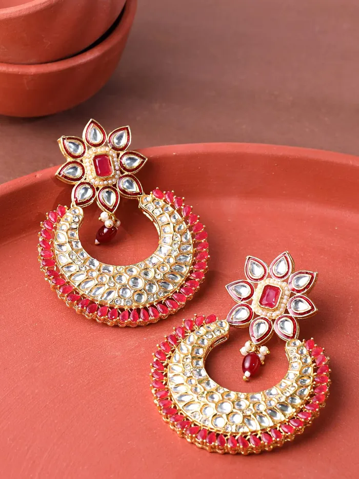 Yellow Chimes Earrings For Women Gold Tone White and Red Kundan Studded Chandbali Earrings For Women and Girls Yellow Chimes Earrings