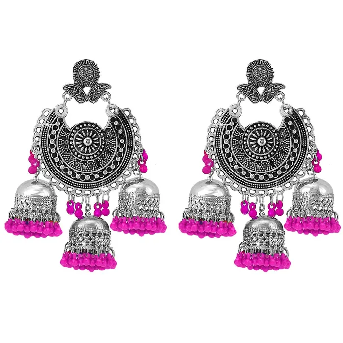Yellow Chimes Earrings Yellow Chimes Oxidised Earrings for Women Silver Oxidised Afghani Navratri Garba Style Traditional Maang Tikka with Jhumka Earrings for Women and Girls