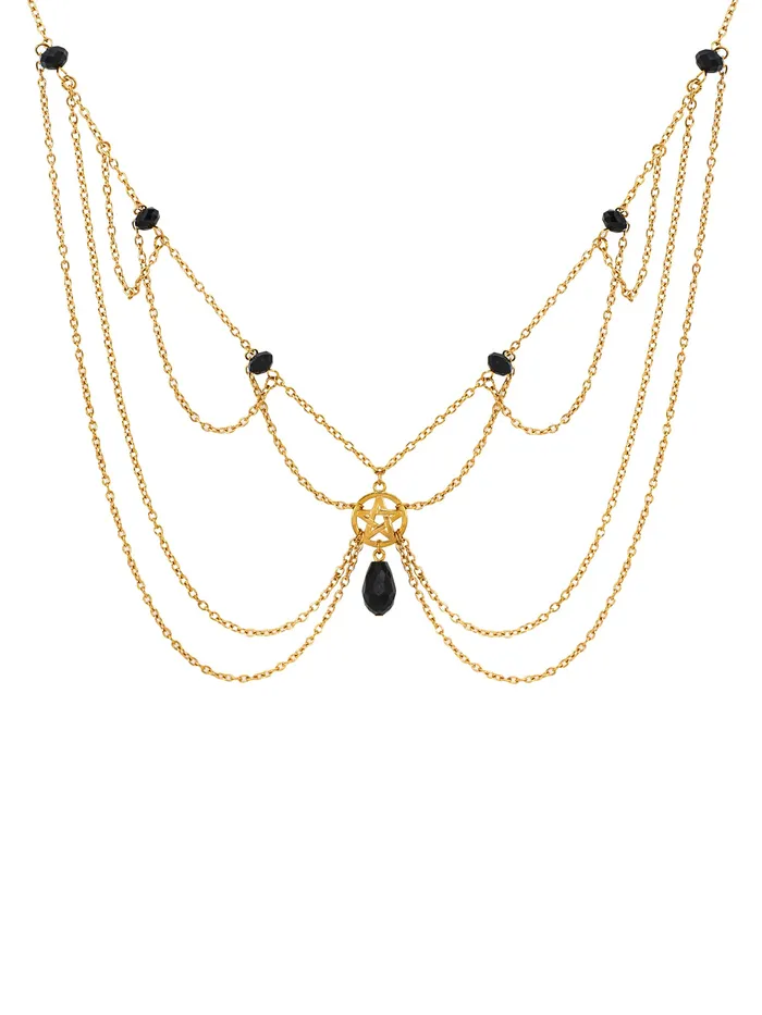 Yellow Chimes Head Chain For Women Gold Toned Bohemian Black Crystal Studded Multilayer Head Chain For Women and Girls Yellow Chimes Necklaces