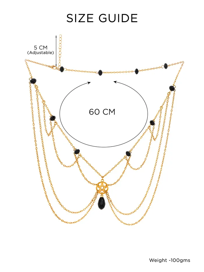 Yellow Chimes Head Chain For Women Gold Toned Bohemian Black Crystal Studded Multilayer Head Chain For Women and Girls Yellow Chimes Necklaces