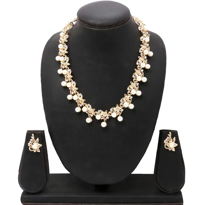 Yellow Chimes Latest Fashion Floral Design Pearl Crystal Golden Choker Necklace Set with Earrings for Women and Girls Yellow Chimes Earrings