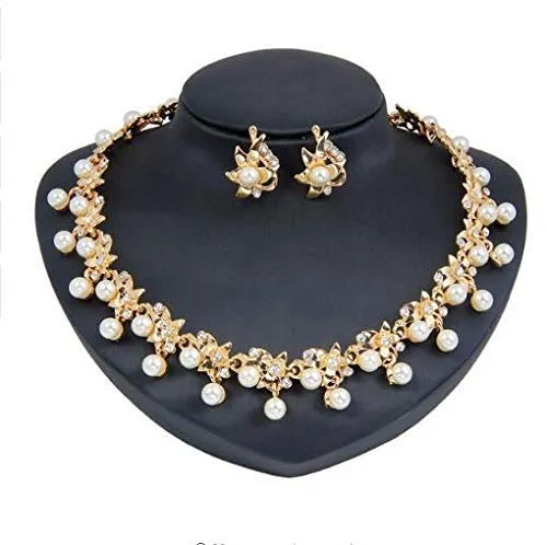 Yellow Chimes Latest Fashion Floral Design Pearl Crystal Golden Choker Necklace Set with Earrings for Women and Girls Yellow Chimes Earrings