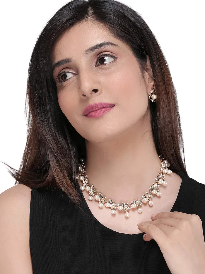 Yellow Chimes Latest Fashion Floral Design Pearl Crystal Golden Choker Necklace Set with Earrings for Women and Girls Yellow Chimes Earrings