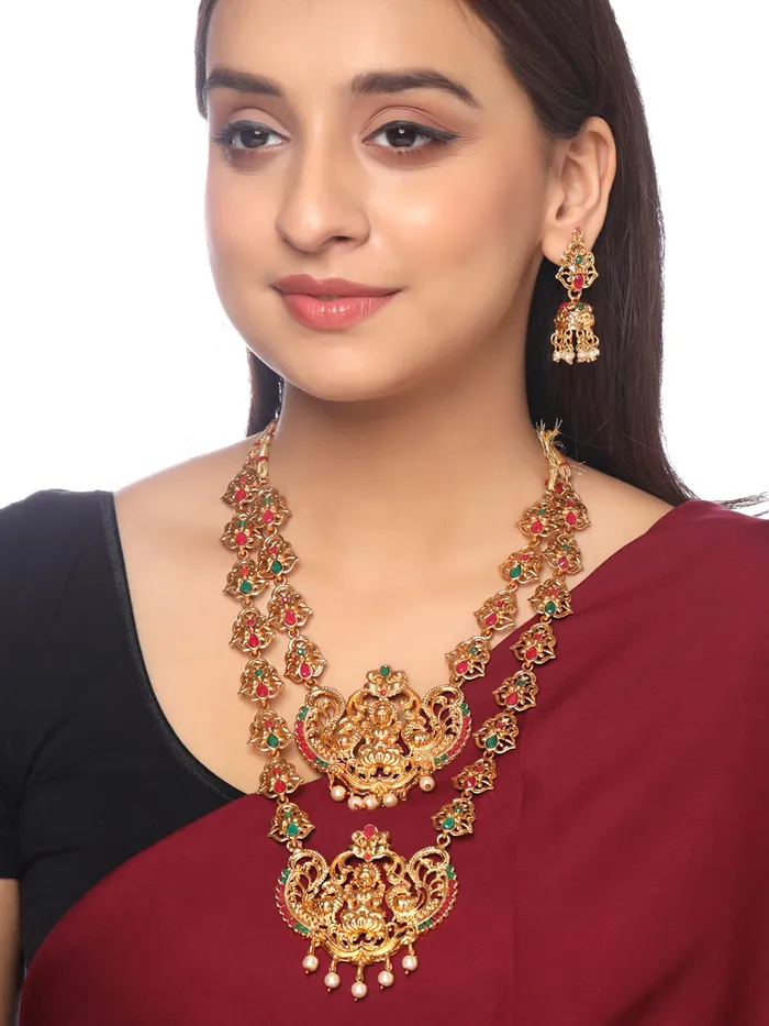 Yellow Chimes Womens Gold Temple Traditional Accessories Jewellery Long Haram Jewelry Set Antique Jewellery Yellow Chimes Earrings
