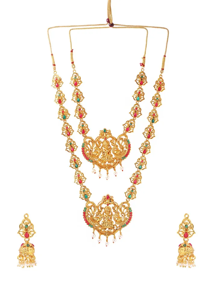 Yellow Chimes Womens Gold Temple Traditional Accessories Jewellery Long Haram Jewelry Set Antique Jewellery Yellow Chimes Earrings