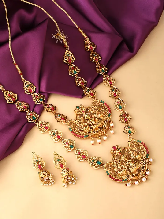 Yellow Chimes Womens Gold Temple Traditional Accessories Jewellery Long Haram Jewelry Set Antique Jewellery Yellow Chimes Earrings