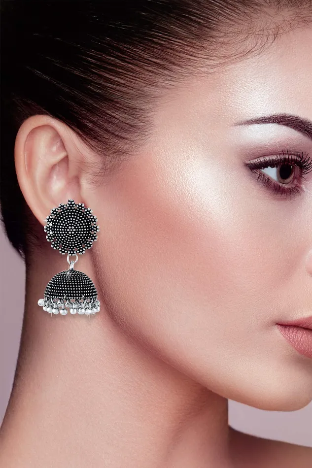 Yellow Chimes Yellow Chimes exclusive Silver Oxidized Silver Brass Jhumki Earrings by Yellow Chimes Jhumki Earrings for Women Oxidised Silver YCTJERFLWRJHSLALT Necklaces