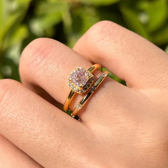 2 Pcs Pink Cushion Cut Halo Sterling Silver Bridal Set In Golden Tone Carly Jewelry Rings