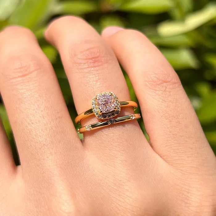 2 Pcs Pink Cushion Cut Halo Sterling Silver Bridal Set In Golden Tone Carly Jewelry Rings