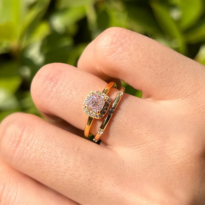 2 Pcs Pink Cushion Cut Halo Sterling Silver Bridal Set In Golden Tone Carly Jewelry Rings