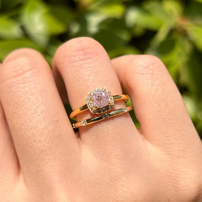 2 Pcs Pink Cushion Cut Halo Sterling Silver Bridal Set In Golden Tone Carly Jewelry Rings