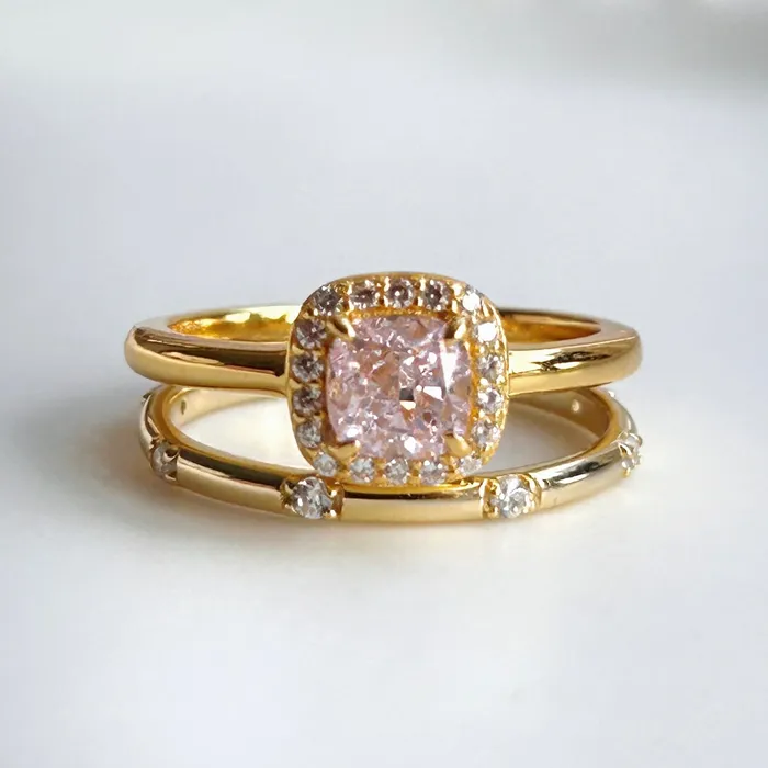 2 Pcs Pink Cushion Cut Halo Sterling Silver Bridal Set In Golden Tone Carly Jewelry Rings