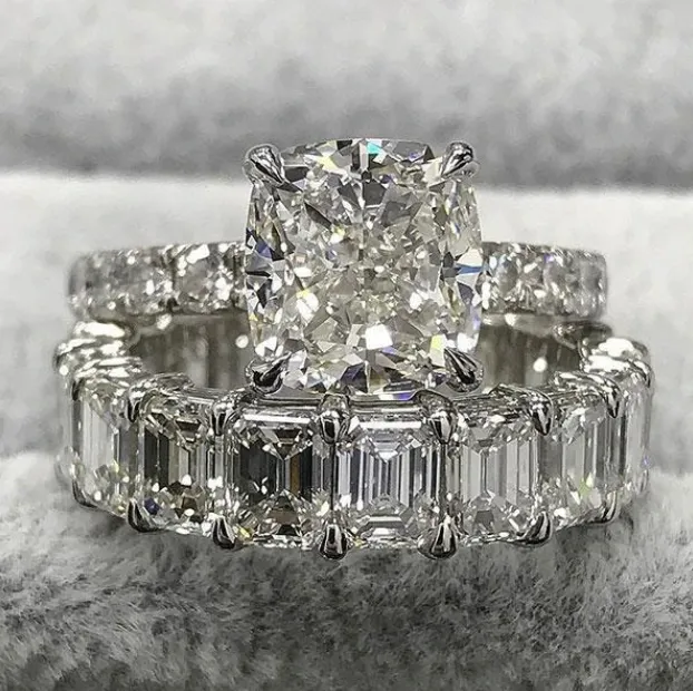 Cushion Cut 4 Prong Eternity 925 Sterling Silver Bridal Set Shineofidamond Rings Cushion Cut 4 Prong Eternity 925 Sterling Silver Bridal Set Shineofidamond Rings