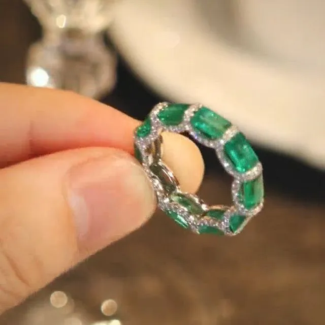 Emerald Cut Eternity Green Wedding Band In Sterling Silver Shineofdiamond Rings