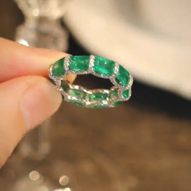 Emerald Cut Eternity Green Wedding Band In Sterling Silver Shineofdiamond Rings